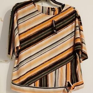 New Directions Petite Top Tangerine Black Green Stripe Blouse Large Petite